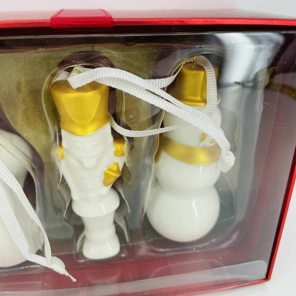 Starbucks 2012 Holiday Ceramic Ornament Set Fox Nutcracker Snowman White‎ Gold